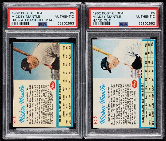 1962 Post Cereal Mickey Mantle PSA Authentic Pair (2)