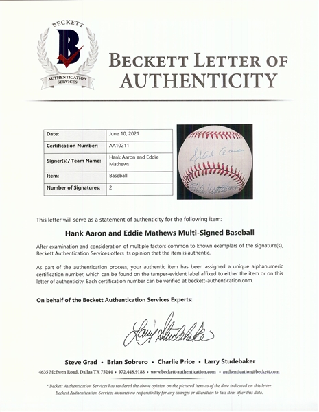 Hank Aaron & Eddie Mathews Signed ONL Baseball (BAS)