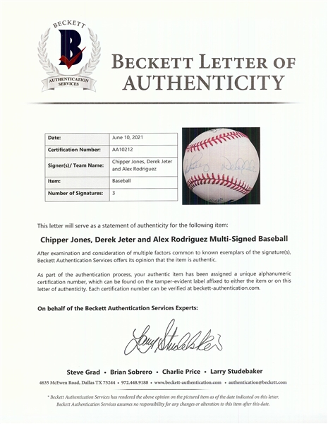Derek Jeter, Chipper Jones & Alex Rodriguez Rising Stars OAL Baseball (77/500) (UDA) (BAS)
