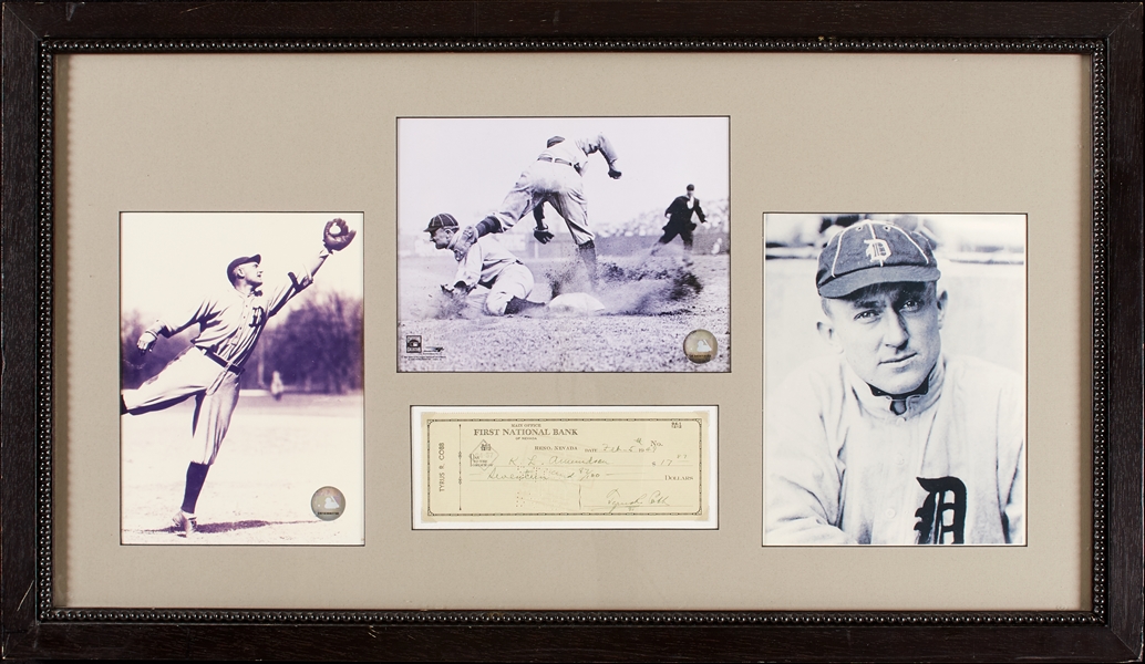 Ty Cobb Signed Check with Framed Photos Display (Graded PSA/DNA 10)