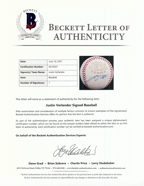 Justin Verlander Single-Signed 2006 World Series Baseball (BAS)