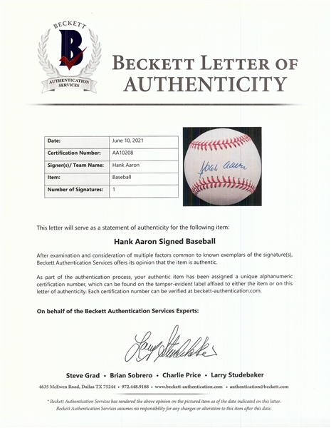 Hank Aaron Single-Signed OAL Baseball (BAS)