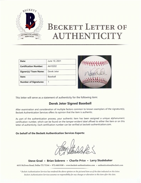 Derek Jeter Single-Signed 2009 Yankee Stadium Baseball (BAS)