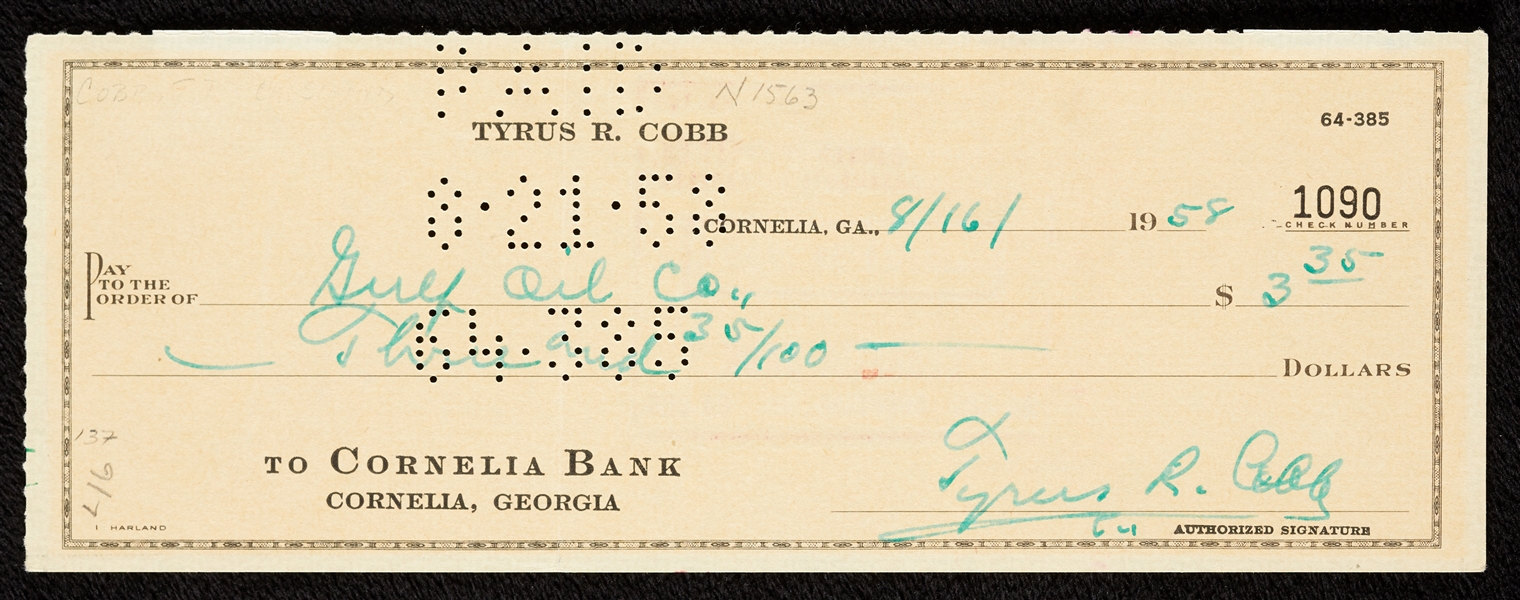 Ty Cobb Signed Personal Check (1958) (JSA)