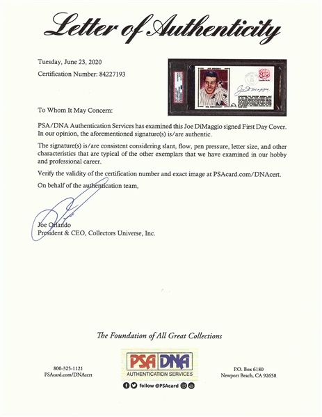 Joe DiMaggio Signed FDC (PSA/DNA)