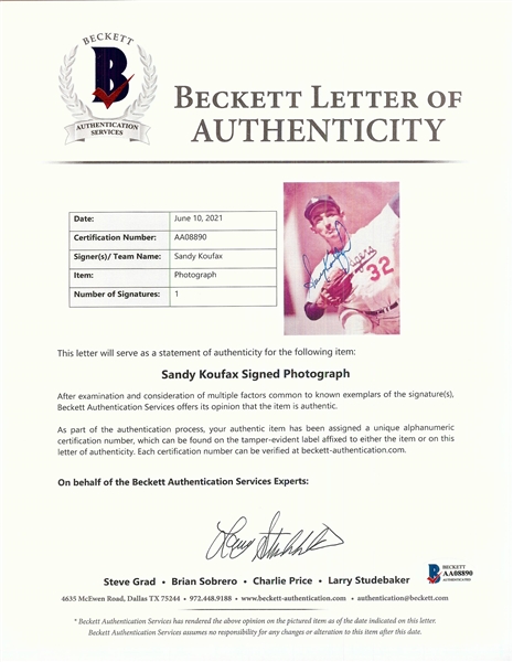 Sandy Koufax Signed 8x10 Framed Photo (BAS)