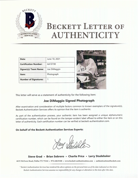 Joe DiMaggio Signed 16x20 Photo (BAS)
