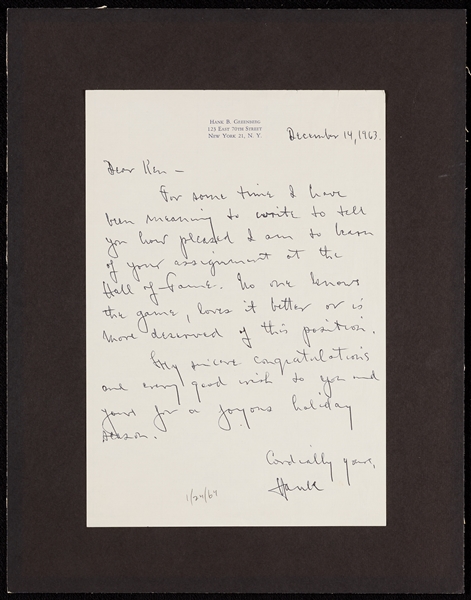 1963 Hank Greenberg Letter to HOF Curator (BAS)