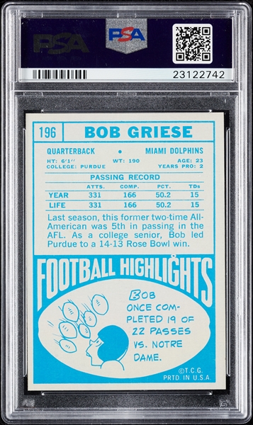 1968 Topps Bob Griese RC No. 196 PSA 8.5