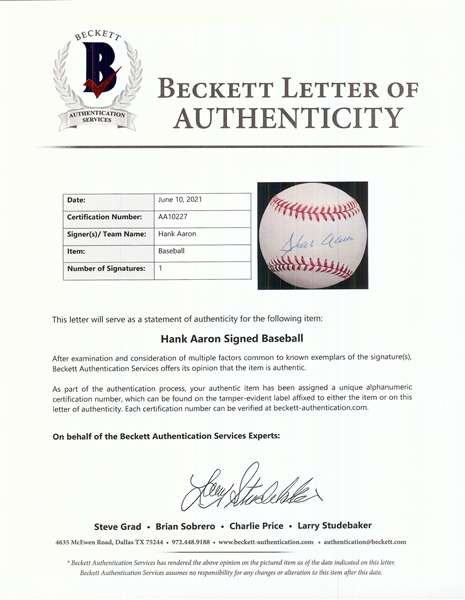 Hank Aaron Single-Signed OAL Baseball (BAS)
