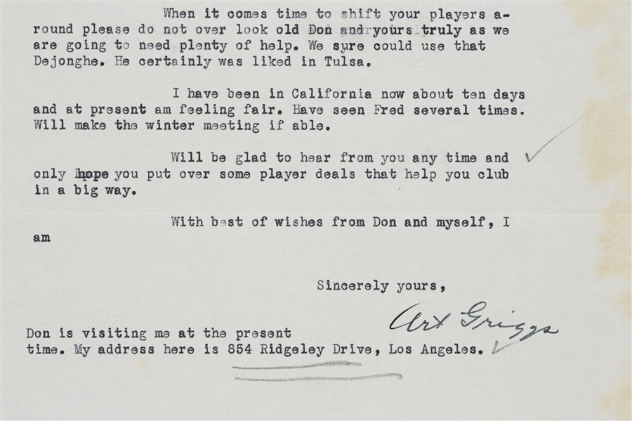 1938 Art Griggs Signed Letter Concerning Player Acquisition (BAS)