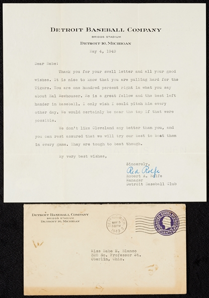 1949 Red Rolfe Signed Letter to Supportive Fan (BAS)
