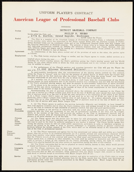 1962 Phil Regan Detroit Tigers Player’s Contract (BAS)