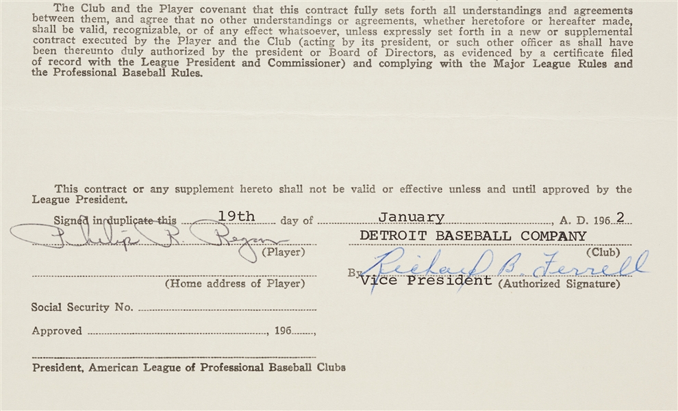 1962 Phil Regan Detroit Tigers Player’s Contract (BAS)