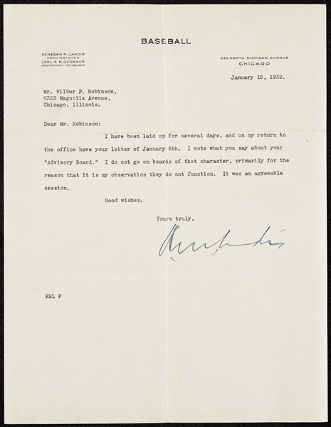 Kenesaw Mountain Landis Signed Letter to Wilbur Robinson (BAS)