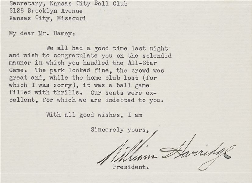 1940 William Harridge Signed Letter to Roy Hamey (BAS)