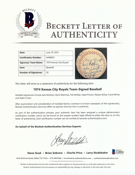 1974 Kansas City Royals Team-Signed Baseball with George Brett Rookie Auto (BAS)