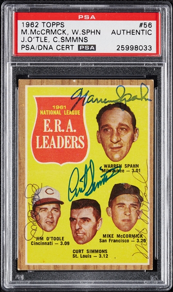 Complete Signed 1962 Topps NL ERA Leaders with Spahn, Simmons (PSA/DNA)