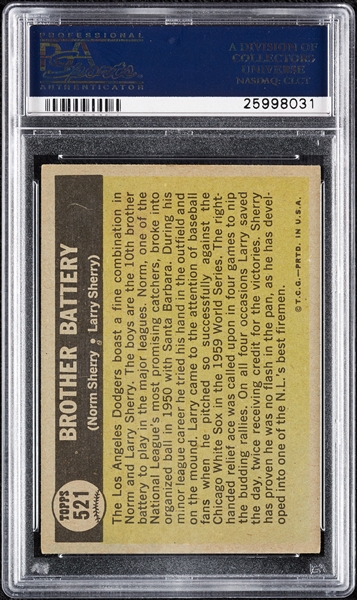 Norm Sherry & Larry Sherry Signed 1961 Topps Brother Battery No. 521 (PSA/DNA)