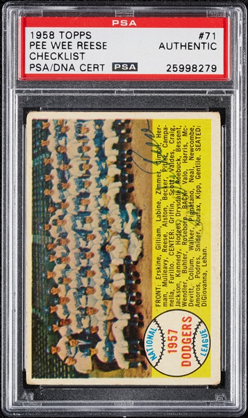 Pee Wee Reese Signed 1958 Topps Dodgers Team No. 71 (PSA/DNA)