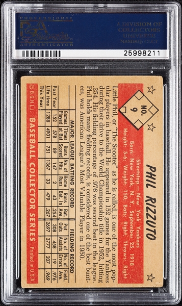 Phil Rizzuto Signed 1953 Bowman Color No. 9 (PSA/DNA)