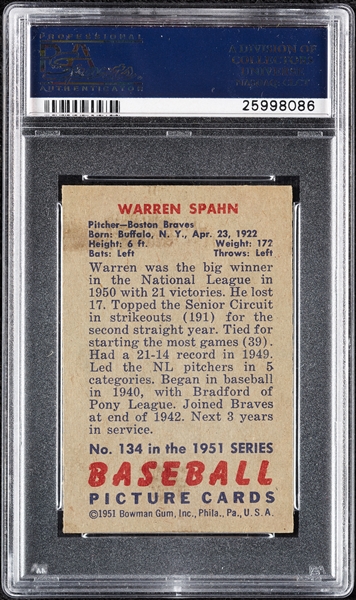 Warren Spahn Signed 1951 Bowman No. 134 (PSA/DNA)