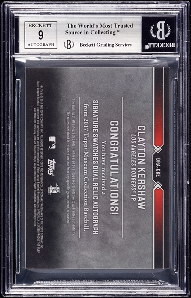 2017 Topps Museum Coll. Clayton Kershaw Signature Swatches Dual Relics Autos (66/75) BGS 8.5 (AUTO 9)