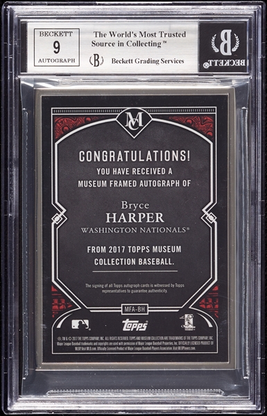2017 Topps Museum Collection Bryce Harper Framed Museum Autographs (9/15) BGS 9 (AUTO 9)