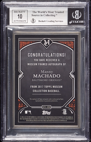 2017 Topps Museum Collection Manny Machado Framed Museum Autographs (12/15) BGS 9 (AUTO 10)