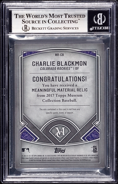 2017 Topps Museum Collection Charlie Blackmon Meaningful Materials Relics Emerald (1/1) BGS 9