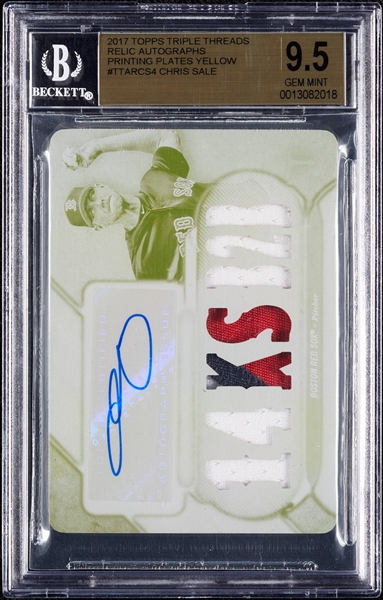 2017 Topps Triple Threads Chris Sale Relic Autos Printing Plate Yellow (1/1) BGS 9.5 (AUTO 10)