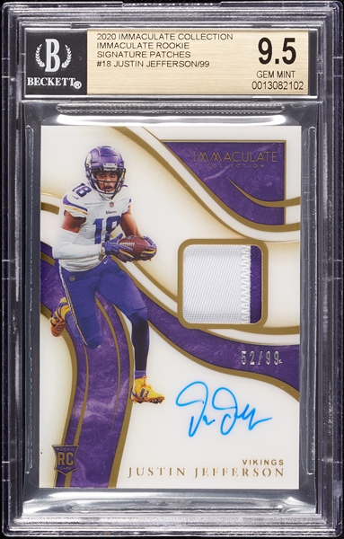 2020 Immaculate Collection Justin Jefferson Rookie Signature Patches RC No. 18 (52/99) BGS 9.5 (AUTO 10)