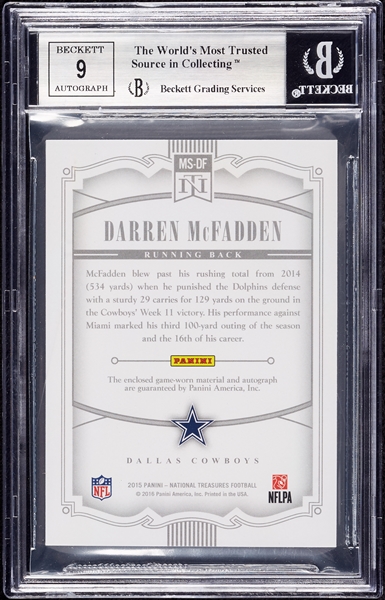 2015 National Treasures Darren McFadden Materials Signatures NFL Shield (1/1) BGS 9 (AUTO 9)