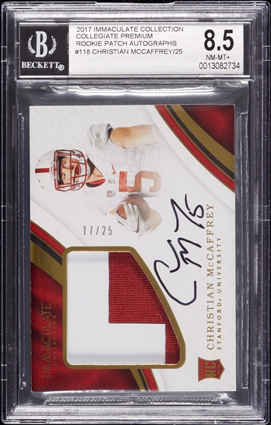 2017 Immaculate Collection Christian McCaffrey Collegiate Premium Rookie Patch Autographs (17/25) BGS 8.5 (AUTO 10)