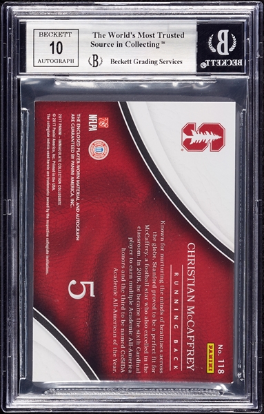 2017 Immaculate Collection Christian McCaffrey Collegiate Premium Rookie Patch Autographs (17/25) BGS 8.5 (AUTO 10)