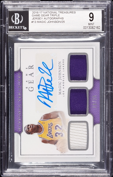 2016 National Treasures Magic Johnson Game Gear Triple Jersey Autographs (19/25) BGS 9 (AUTO 10)