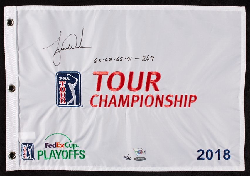 Tiger Woods Signed 2018 Tour Championship Flag Inscribed 65-68-65-71- 269 (10/80) (Fanatics) (UDA)
