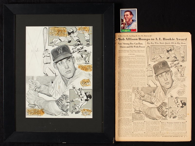 Original Murray Olderman Sporting News Artwork of Bob Allison, Plus Signed Allison Card (3)