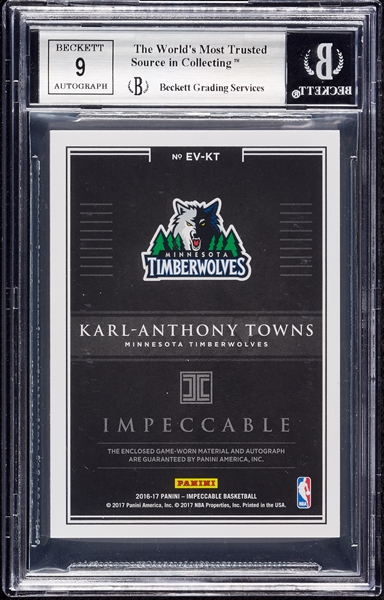 2016 Panini Impeccable Karl Anthony Towns Elegance Veteran Jersey Holo Gold (4/10) BGS 9 (AUTO 9)