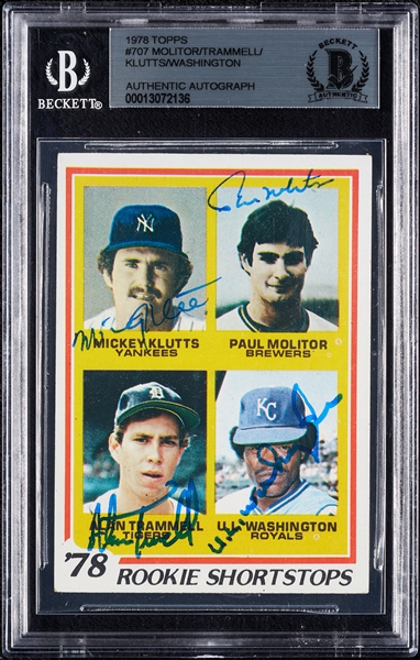 Complete Signed 1978 Topps Rookie Shortstops No. 707 with Molitor, Trammell (BAS)