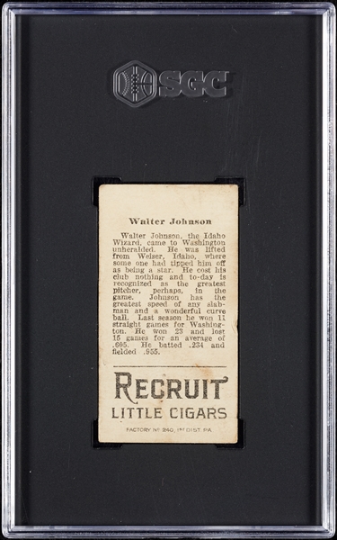 1912 T207 Recruit Little Cigars Walter Johnson SGC 1.5