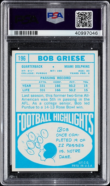 1968 Topps Bob Griese RC No. 196 PSA 8