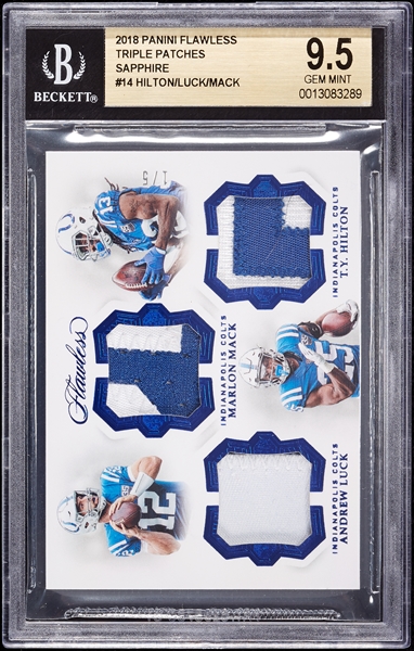 2018 Panini Flawless Andrew Luck/T.Y. Hilton/Marlon Mack Triple Patches Sapphire (1/5) BGS 9.5