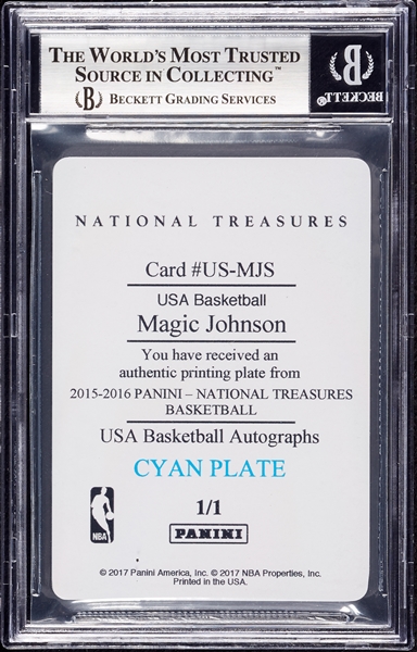 2015 National Treasures Magic Johnson USA Basketball Autographs Printing Plates Cyan (1/1) BGS 9