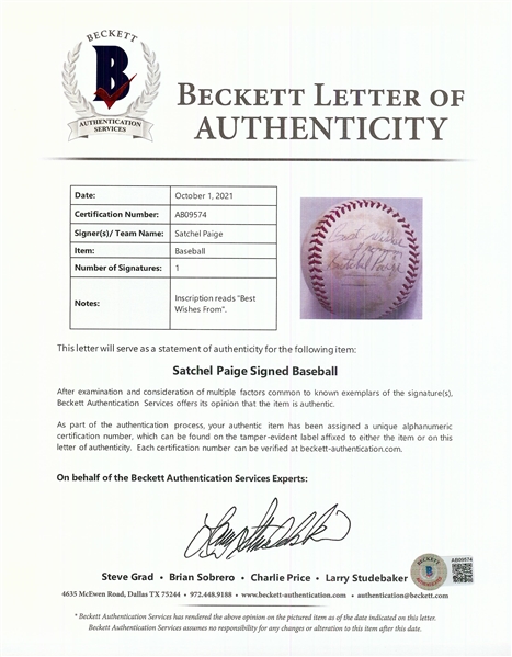 Satchel Paige Single-Signed ONL Baseball (BAS)