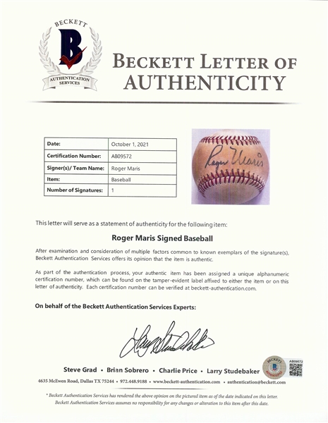 Roger Maris Single-Signed Rawlings Baseball (BAS)