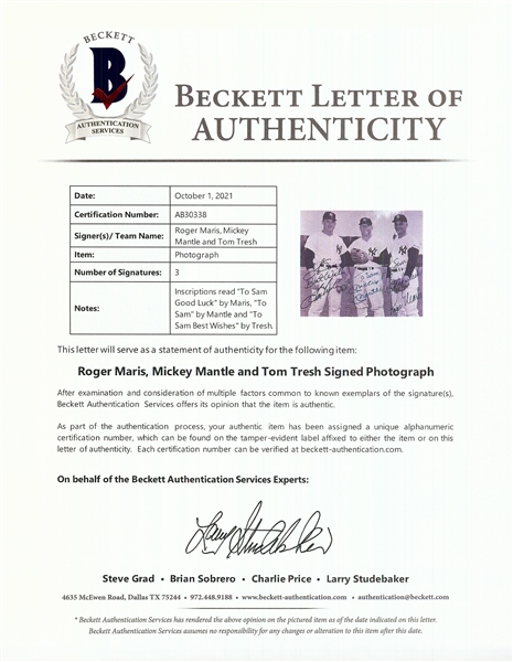 Mickey Mantle, Roger Maris & Tom Tresh Signed 8x10 Photo (BAS)