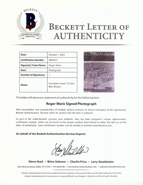 Roger Maris Signed 8x10 Photo (BAS)