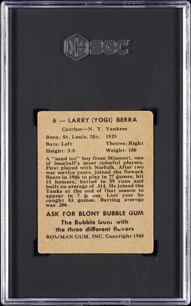 1948 Bowman Yogi Berra RC No. 6 SGC 2.5