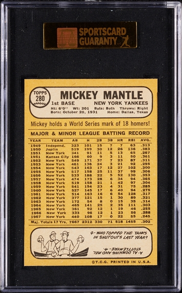 1968 Topps Mickey Mantle No. 280 SGC 8.5